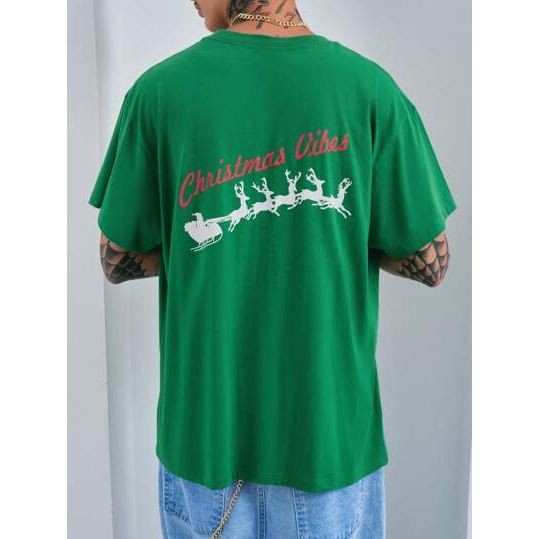 SHEIN Camiseta manga curta Casual Noel Vibe Confort Masculino Algodão Verde
