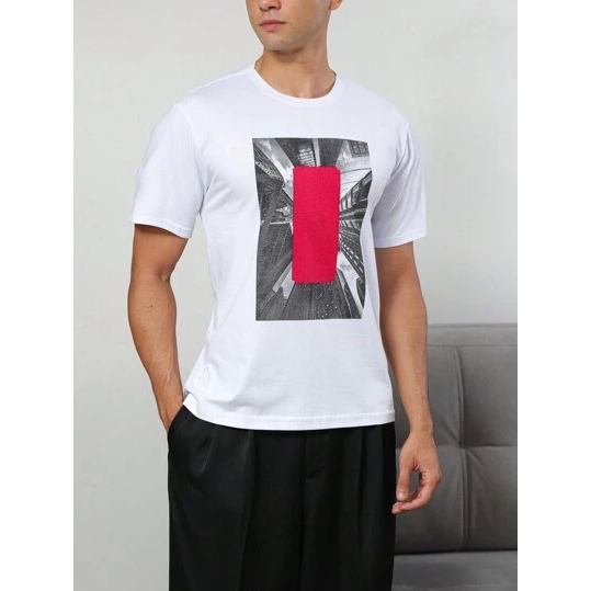 SHEIN Camiseta manga curta Casual Red Block Confort Masculino Algodão Branco