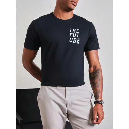 SHEIN Camiseta manga curta Casual The Future Confort Masculino Algodão Preto