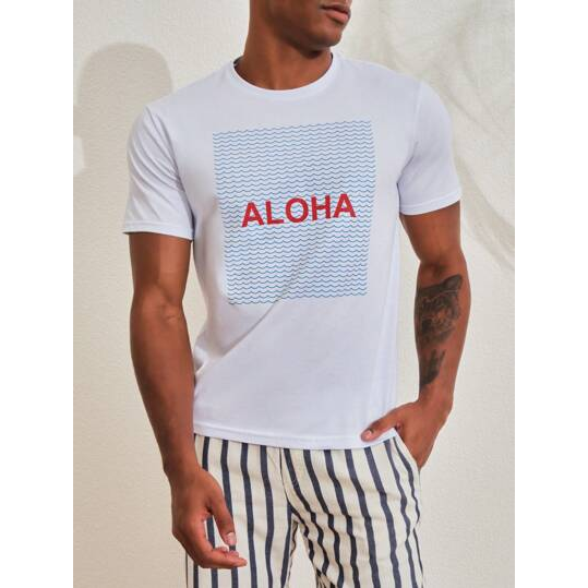 SHEIN Camiseta manga curta Surfstyle Aloha Confort Masculino Algodão Branco