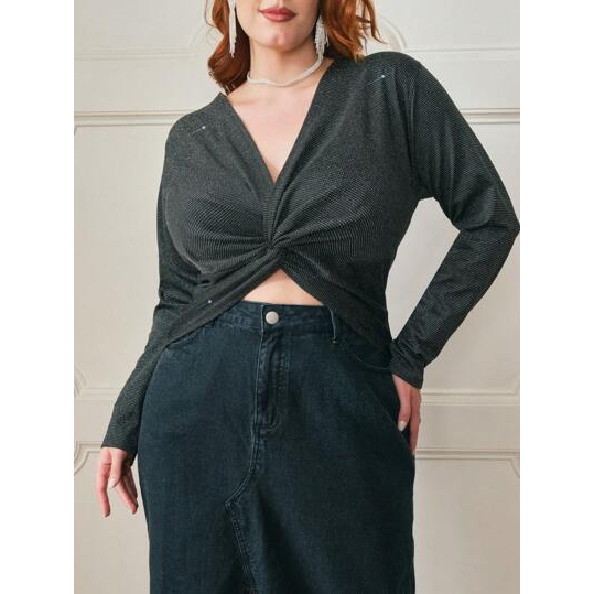 SHEiN Curve Blusa Manga Longa com Tecido Metalizado