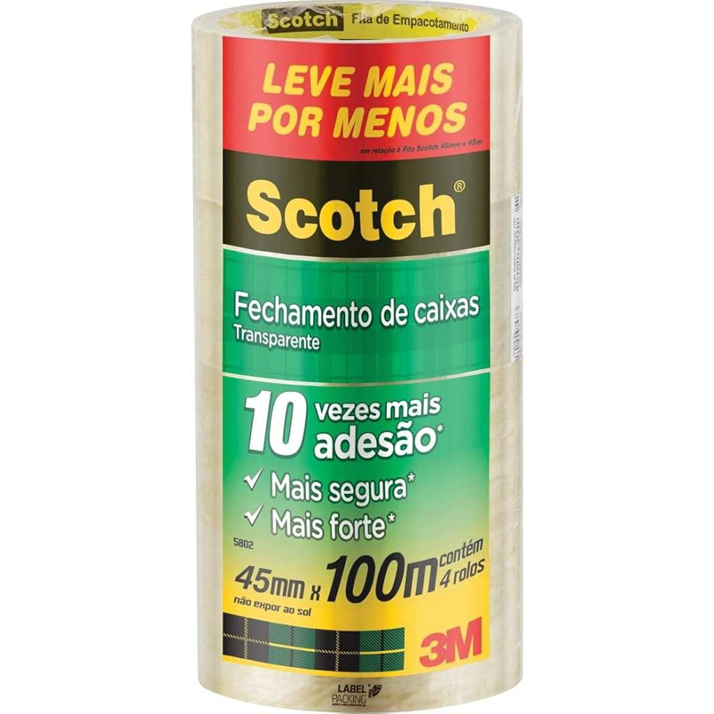 Scotch, 3M, Fita de Empacotamento Transparente, 4 Rolos, 45mm x 100M