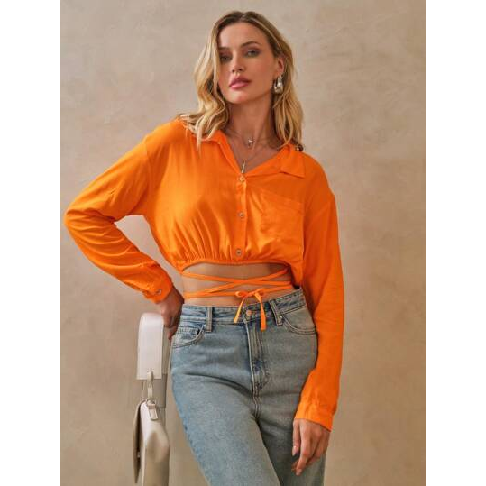 Shein Camisa Feminina Viscose Manga Longa Cropped