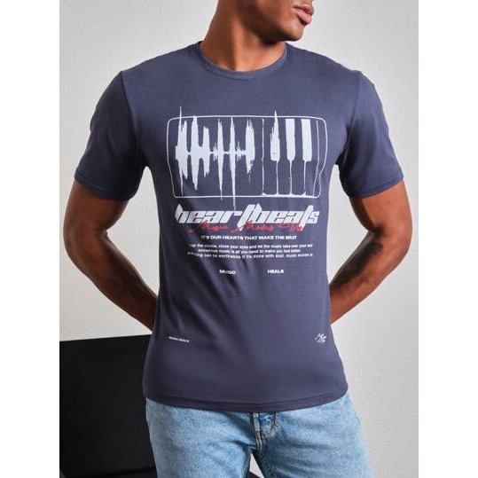 Shein Camiseta Masculina De Manga Curta De Malha Com Estampa