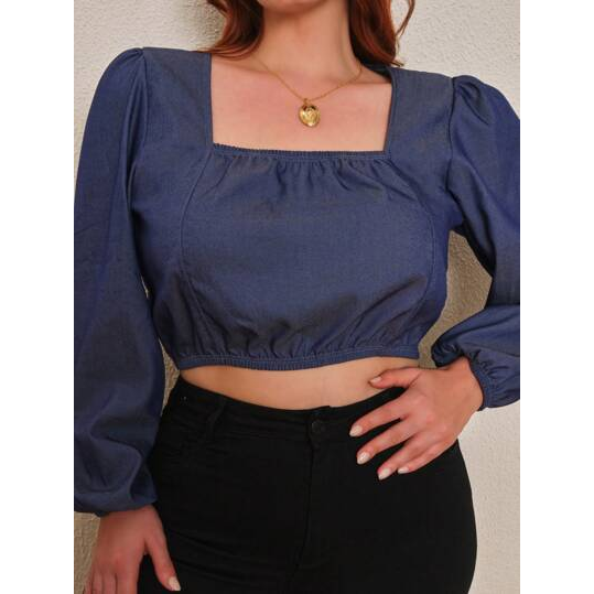 Shein Curve Blusa Cropped Manga Longa Decote Quadrado