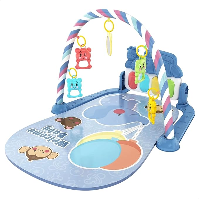 Tapete Infantil de Atividades Sensorial para Bebê Interativo com 5 Móbiles e Piano Musical com Som e Luzes (Azul)