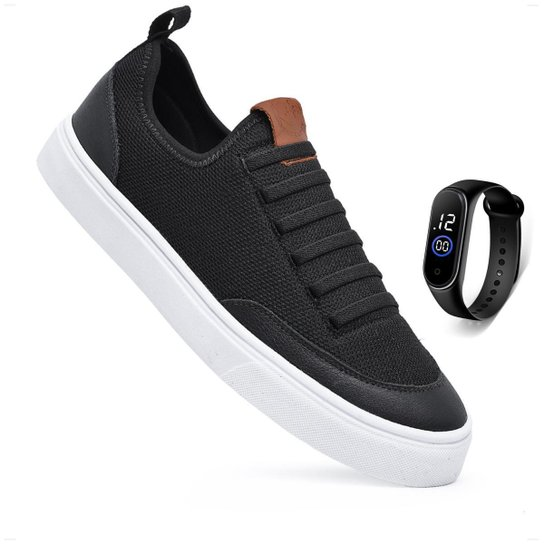 Tenis Sapatenis Cano Baixo Casual Calce Facil Cadarço Elástico Preto Confortável Leve + Relógio - Preto+Branco